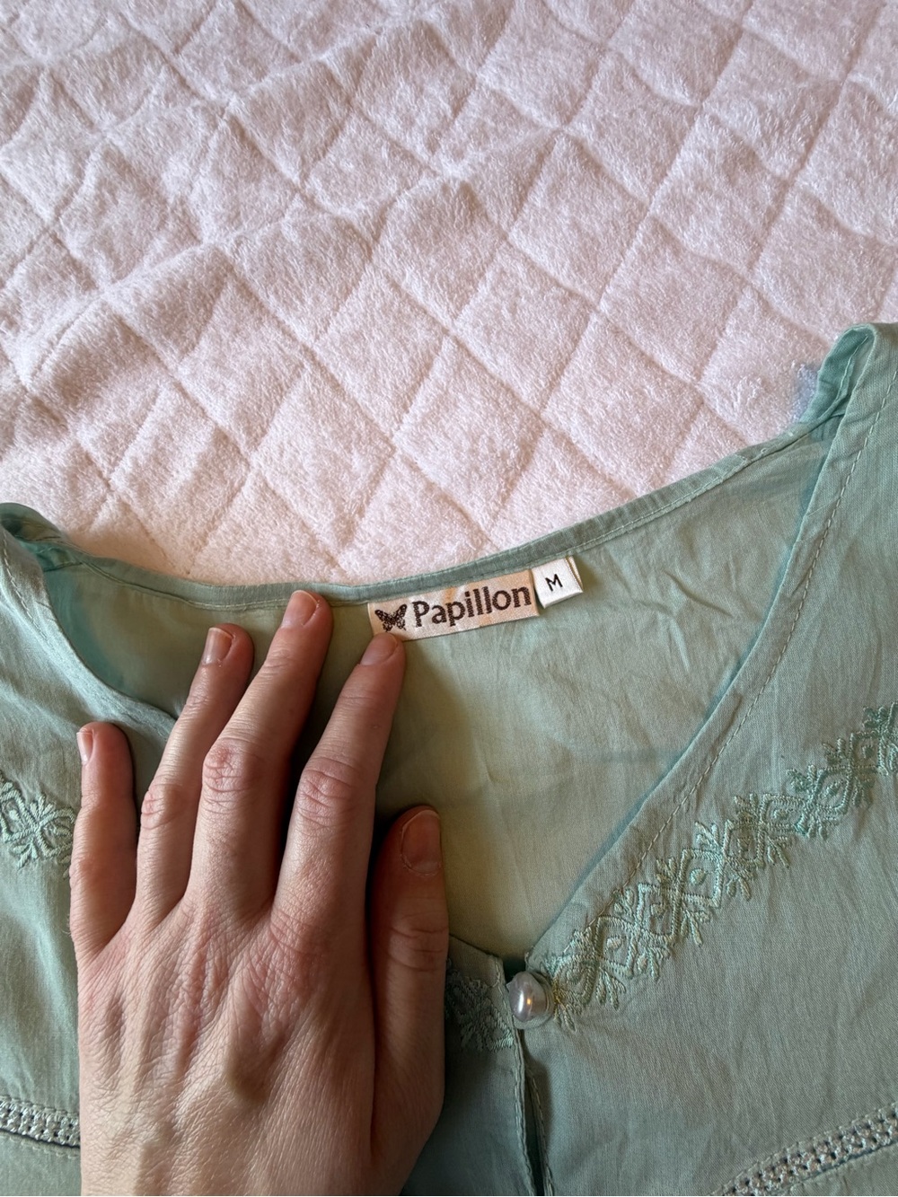 Vintage Papillon Boho Sage Green Button-Front Ruffle Blouse - Picture 3 of 5